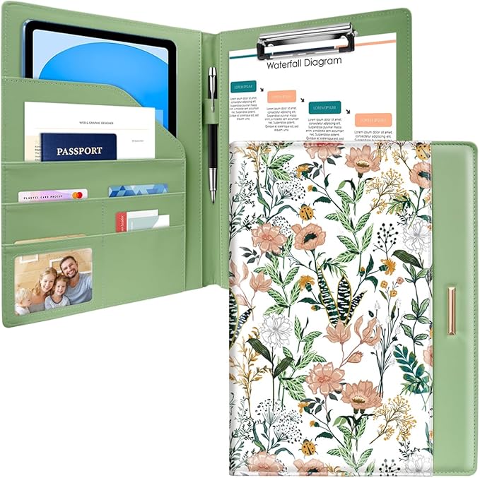 Padfolio/Resume Portfolio Folder for Women, WAVEYU Cute Flower Padfolio Cover Folder, Conference/Legal Document Organizer with Letter/A4 Size Clipboard, Document Sleeve, Green