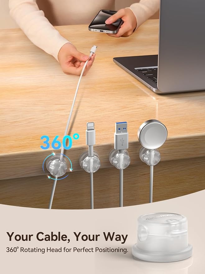 NEWDERY 6pc Magnetic Cable Clips Cord Organizer Cord Holder for Nightstand | Desk Cable Management,360° Rotatable,3M Adhesive Wire Holder,for Home Office Desk Phone Charger Car Wall Nightstand,White