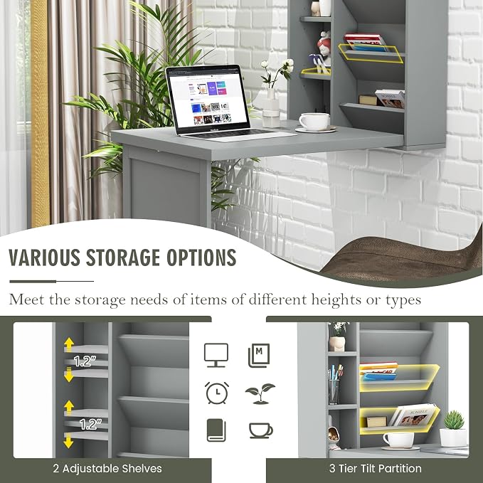 Wall Mounted Desk, Fold Out Convertible Desk with Storage Shelves, Space Saving Wall Folding Table, Home Office Floating Desks for Small Spaces (Grey)