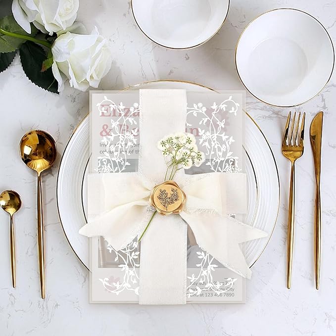 Wedding Invitation Accessories Kit, Pre-Folded Vellum Jackets for 5×7 Invitations with Wax Seal Stickers, Ribbon & Dried Flowers, Elegant Wedding Invitation Accessories for DIY Bridal Invites (White Vines, 50)