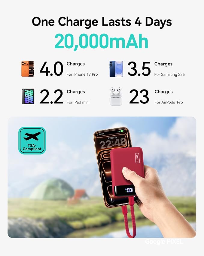 INIU Smallest 20000mAh Power Bank, 22.5W PD Fast Charging Portable Charger with USB-C Cable, Flight-Safe Battery Pack for Travel & Men Business Trips & Workout, Mini Size for iPhone Samsung iPad, Red