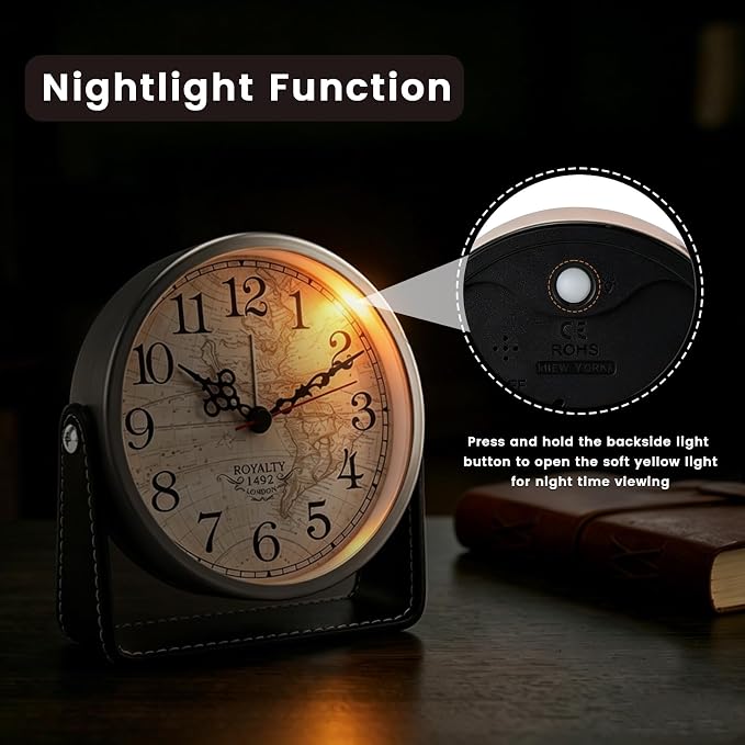 Analog Alarm Clock - 4.5" Silent Non Ticking Small Clock with Light, Rotatable Stand Metal Desk Clock Battery Operated, Simple Design for Living Room Decor/ Bedroom/Bedside/Shelf (Silver & Black)
