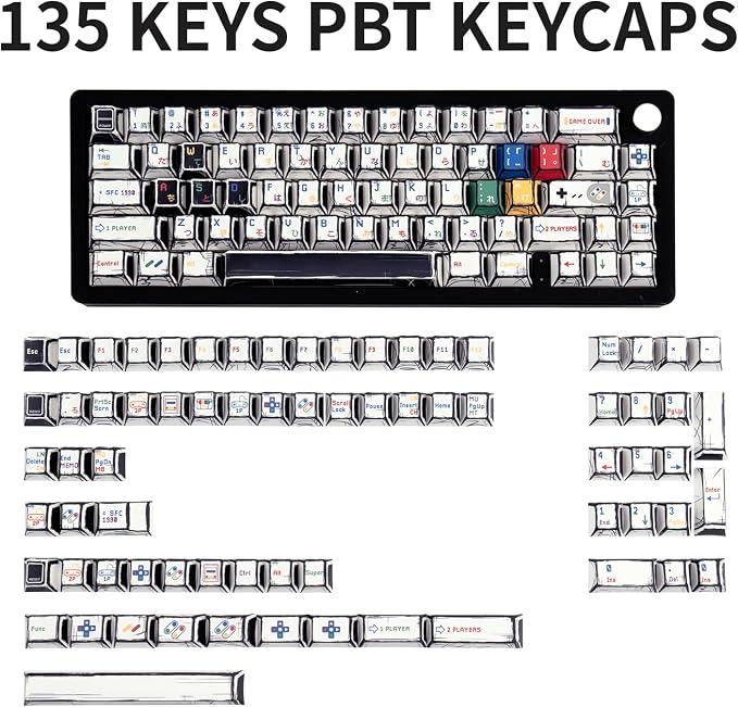 Manga Style PBT Keycaps Set, Cherry Profile Pixel Game Theme Key Cap, Dye Sub Keyboard caps 135 Keys Custom Keycaps for Cherry Gateron MX Switches Mechanical Keyboards