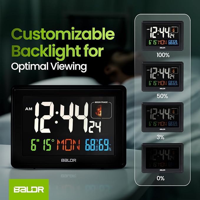Baldr Digital Alarm Atomic Clock, 7'' Display with Adjustable Brightness | Large Desk Clock Indoor Temperature, Humidity & Moon Phase for Living Room Bedroom, Adapter Powered, Black
