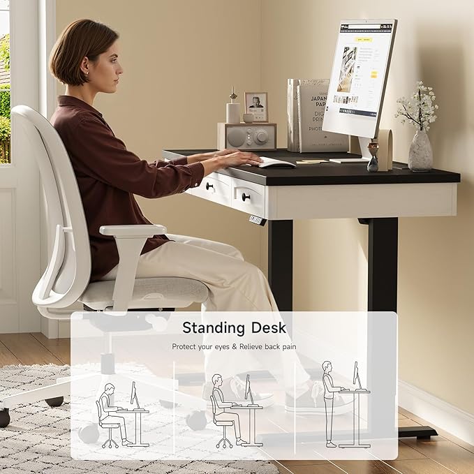 ONBRILL Standing Desk with 3 Drawers, 63 x 24 Inch Electric Height Adjustable Desk with Storage & Outlets, for Computer Workstation, Home Office, Retro Curved Table Corner & Drawers, Black
