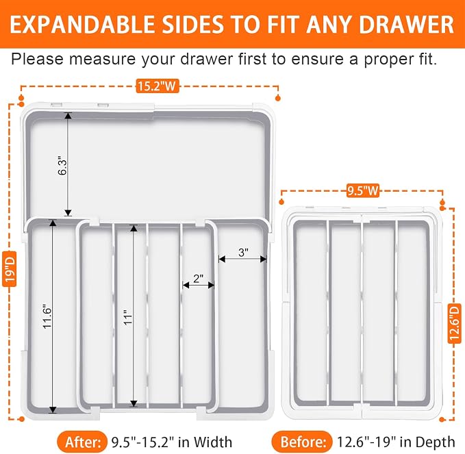 Silverware Drawer Organizer, Adjustable Utensil Tray for Kitchen Drawer, 19 x 15 Inches Flatware and Cutlery Holder, Expandable Plastic Storage for Spoons Forks Knives, 4-7 Slots, White