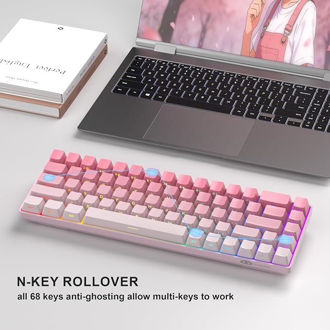 MageGee Portable 60% Mechanical Gaming Keyboard, RGB Backlit Compact 68 Keys Mini Wired Office Keyboard with Red Switches for Laptop PC Mac, Side Printed Keycap - Pink