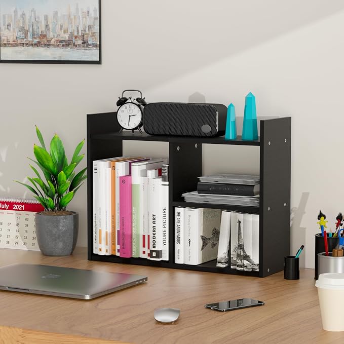 Jerry & Maggie Cubic 3-Tier Wooden Desk Organizer – Jet Black Free-Standing Office Storage Rack with Display Shelves for Home or Workspace, Perfect as Birthday Gift or Accessory Holder
