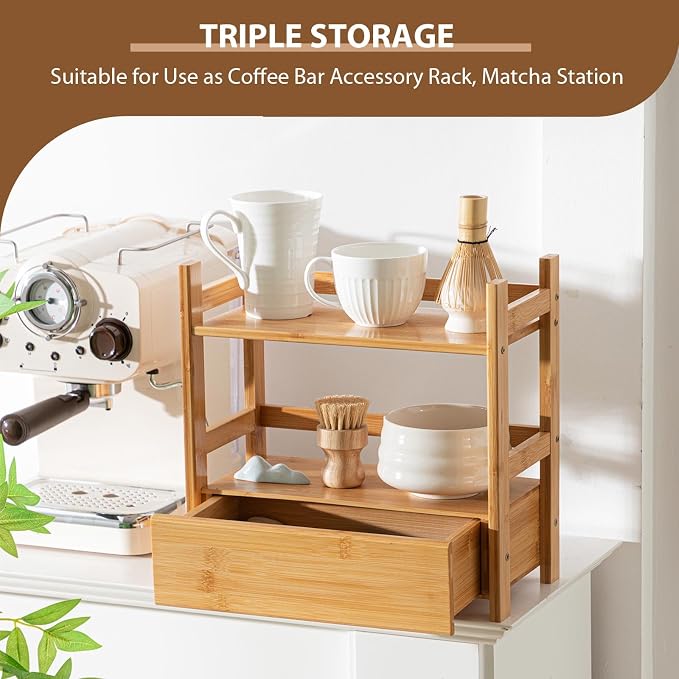 2 Tier Matcha Station Bamboo Organizer with Hidden Drawer, Wood Home Coffee Station Organizer for Kitchen Countertops, Coffee Bars, Kitchen & Office Storage(13 L x 6.5 W x 12.6 H)(Natural)