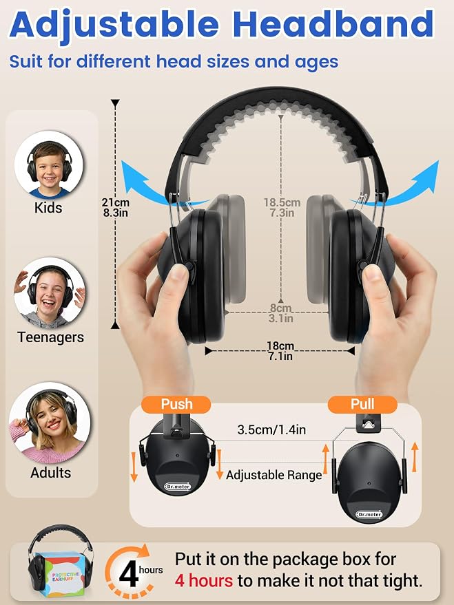 Dr.meter Noise Cancelling Ear Muffs: EM100 SNR27.4 Ear Muffs for Noise Reduction - Kids Noise Cancelling Headphones with Adjustable Headband for Monster Truck Autism Sensory Mowing Firework-Black