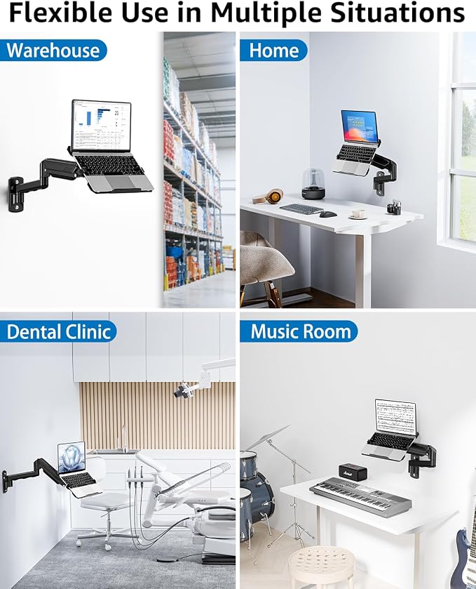 Laptop Wall Mount, 2-in-1 Monitor with Vented Tray | Fits Max 17" Notebook or 13- 32" Computer Screen, Adjustable Laptop Arm Holds 4.4-22lbs, Gas Spring Laptop Holder Stand