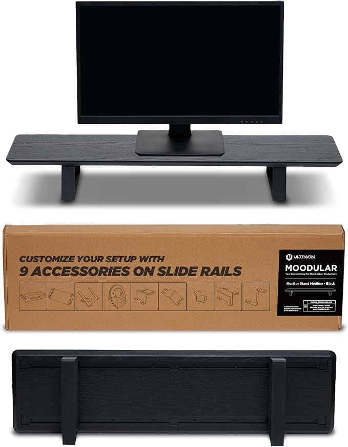 Moodular Wooden Monitor Stand Desk Organizer, Standard 33.4" Black | Customizable Organized Workspace, Aluminum Slide Rails, 10 Add-Ons Sold Separately: Storage Drawer, Tablet, Phone & More