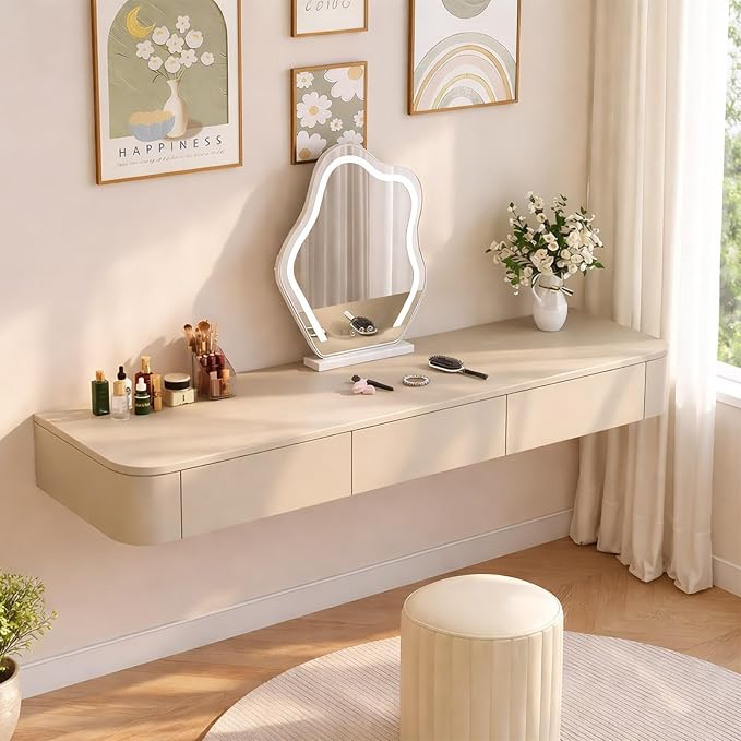 Floating Makeup Vanity Desk with Drawers Wall Mounted Makeup Table with Storage Fully Assembled Floating Vanity Desk Space Saving Modern Dressing Table for Bedroom Closet(Khaki,31.5")