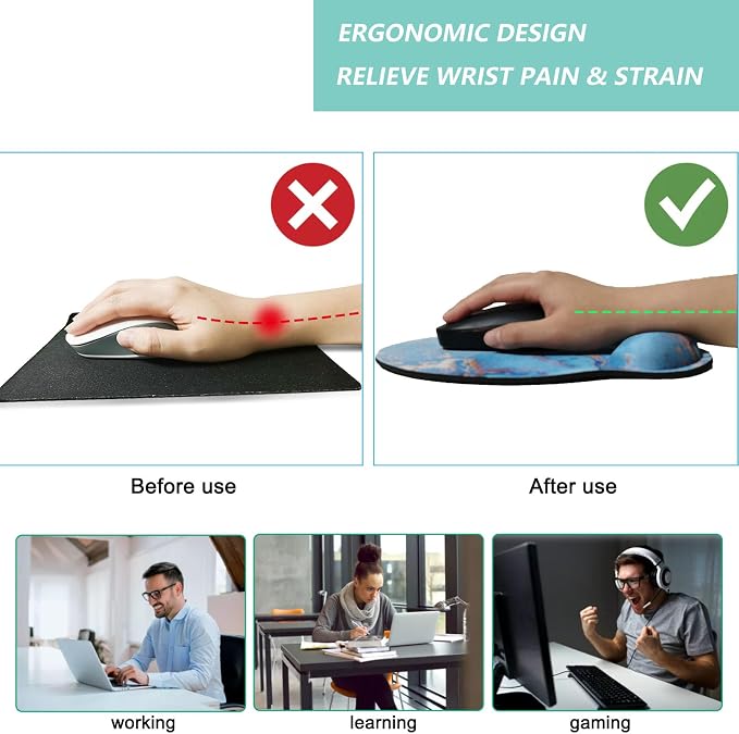 Mouse Pad with Wrist Support, Ergonomic Mouse Pad with Memory Foam Wrist Rest Cushion, Non-Slip Rubber Base Gaming Mice Pad for Home Office Computer Laptop, Sky Blue Marble
