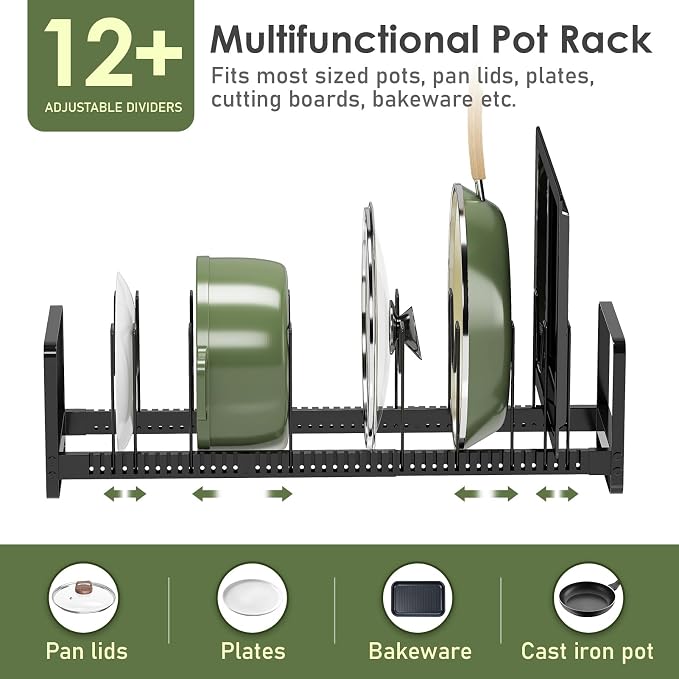 MUDEELA Expandable Pot Pan Lid Organizers inside Cabinet, 12 Divider-Black | Expandable 14.2-22.8", 12 Adjustable Divider, Easy Assembly, Non-Slip, For Pan Lids, Cutting Boards, Bakeware & Cookie Sheets