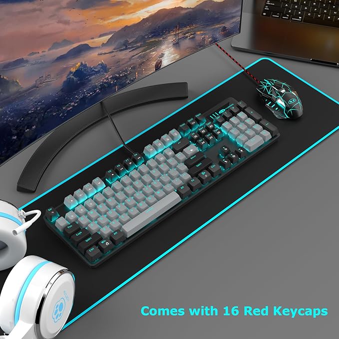 MageGee Mechanical Gaming Keyboard, 104 Keys Blue Backlit Keyboards with Brown Switches & Double-Shot Keycaps, USB Wired Mechanical Computer Keyboard for Laptop, Desktop, PC Gamers (Black & Gray)