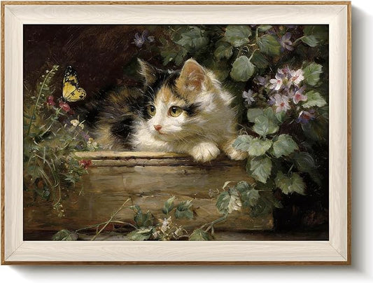 VIYYIEA Framed Wall Art for Living Room, Cute Calico Kitten and Butterfly Canvas Prints, Vintage Farmhouse Oil Painting, Home Decor for Nursery Bedroom Office Kitchen Bathroom, 12x16 Inch