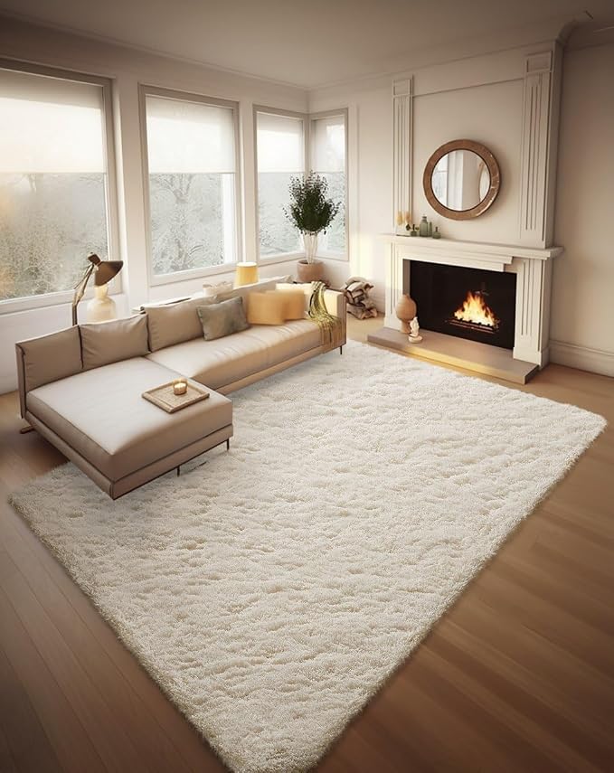 Ophanie 8x10 Area Rugs for Living Room, Washable Non-Slip Fluffy Soft Large Shag Bedroom Carpet, Ivory Big Indoor Nursery Rug, Carpets for Boy and Girls Room Dorm Decor with Over 99 pcs Pile fibers