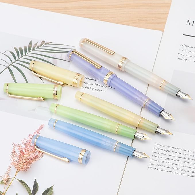 Jinhao 82 Acrylic Fountain Pen, Iridium Fine Nib with Ink Converter, Transparent Light Blue Classic Design Smooth Writing Pen (Gold Trim)