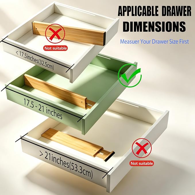 4 Pack Bamboo Drawer Divider, 17-22" Adjustable Organizers | Expandable bamboo separators, firm spring design, great for kitchen, dresser, closet, bathroom and bedroom organization
