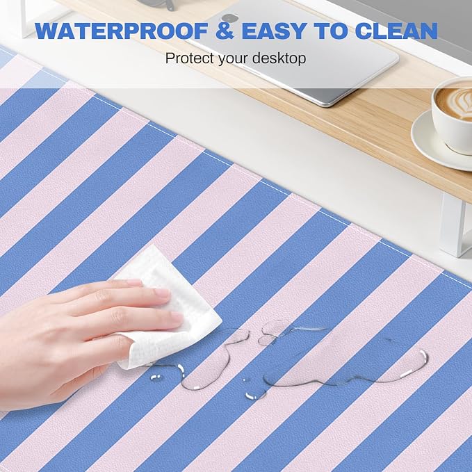 Leather Desk Pad Protector, Striped Mouse Pad, Blue Pink Office Desk Mat, Non-Slip PU Leather Desk Blotter,Laptop Desktop Pad Waterproof Desk Writing Pad for Office Home