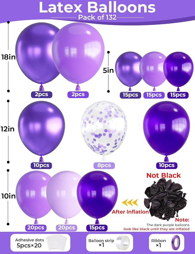 Purple Balloons Garland Arch Kit, 132pcs Graduation Balloon Arch Kit with Different Sizes Pastel Dark Purple Metallic Purple Balloon & Confetti Balloon, for Graduation Decorations, Wedding, Birthday