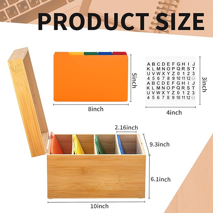 5 x 8 Inch Index Card Holder Set, Bamboo Organizer Box with 50 Dividers & 2 Sheets Alphabet Number Stickers File Note Holders, Holds 1200 Cards for Office Business Home Kitchen, Wooden Color