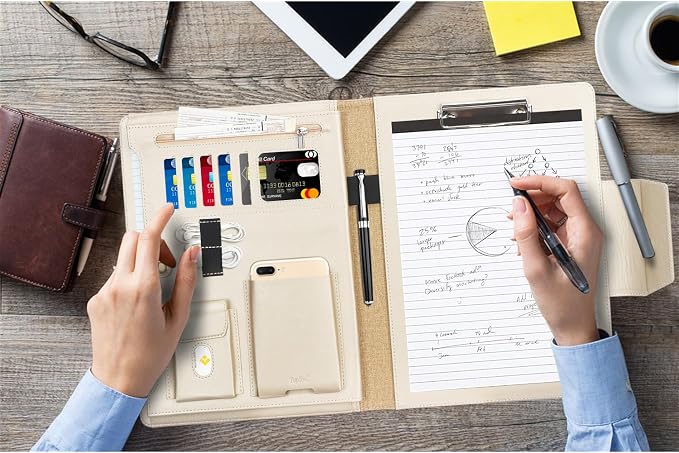 Toplive Conference Folder - Executive Business Padfolio with Letter/A4 Size Clipboard, Document Sleeve & Card Holders - Black