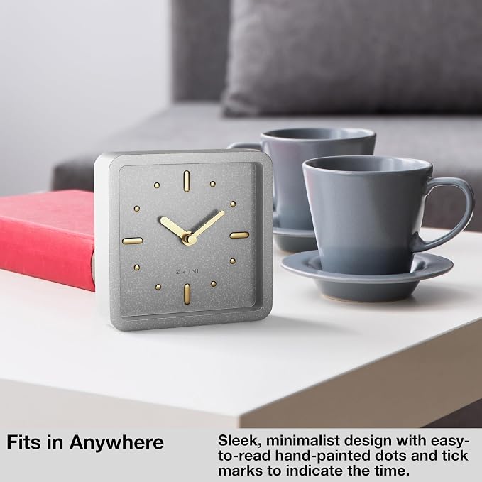Driini Modern Mid Century Desk & Shelf Clock (Gray and Gold) - Battery Operated with Silent, Analog Movement – Small Tabletop Clocks for Office – Perfect for Mantle, End Table, Desktop or Nightstand