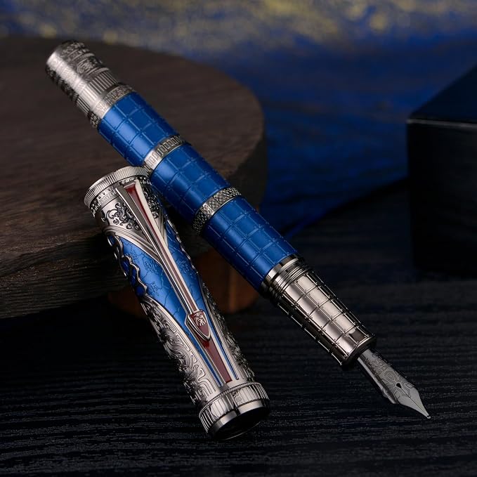 Hongdian D5X Fountain Pen Blue Color Medium Nib, Qin Dynasty Retro Chinese Totem Engraving Smooth Writing Pen with Converter and Pen Box Set