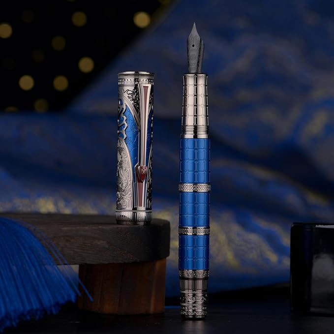 Hongdian D5X Fountain Pen Blue Color Fine Nib, Qin Dynasty Retro Chinese Totem Engraving Smooth Writing Pen with Converter and Pen Box Set