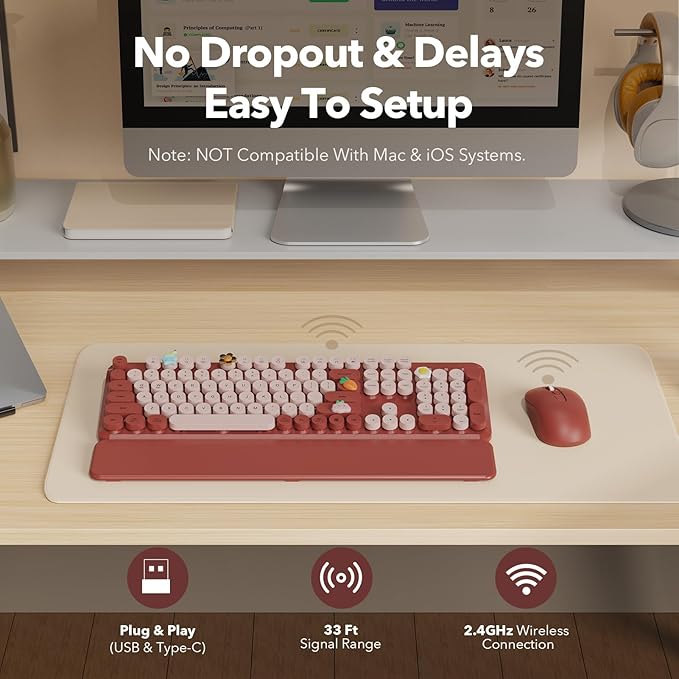 Wireless Keyboard and Mouse Combo, Wine Red Retro Typewriter-Style Keyboard with Round Keycaps and Magnetic Wrist Rest, 2.4G USB Wireless for Windows PC Laptop Desktop, Home Office School Essentials