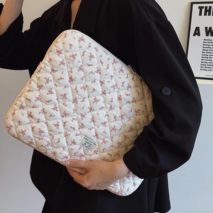Cute Laptop Sleeve 13-15 inch Laptop Case Aesthetic Quilted Laptop Sleeve Computer Bag with Flower Printing for MacBook (Pink, 15inch)