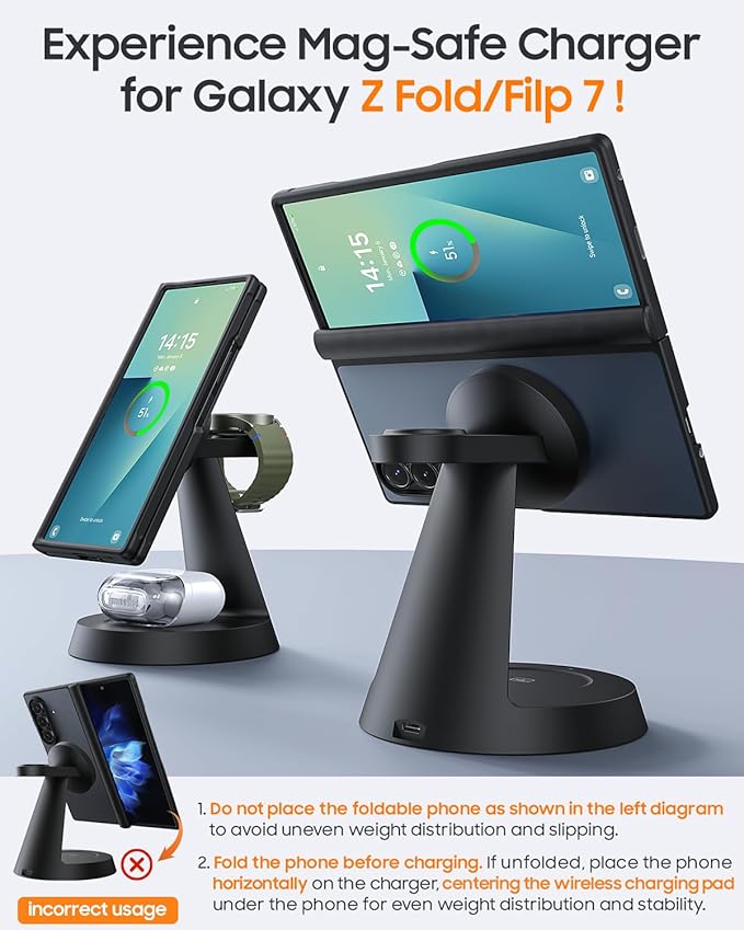 Meifigno Magnetic Wireless Charger for Samsung, 3 in 1 Charging Station Compatible with MagSafe Samsung Charger for Galaxy S26 Ultra S25 Z Fold7/Flip7, Charger Stand for Galaxy Watch Ultra 8, for Buds