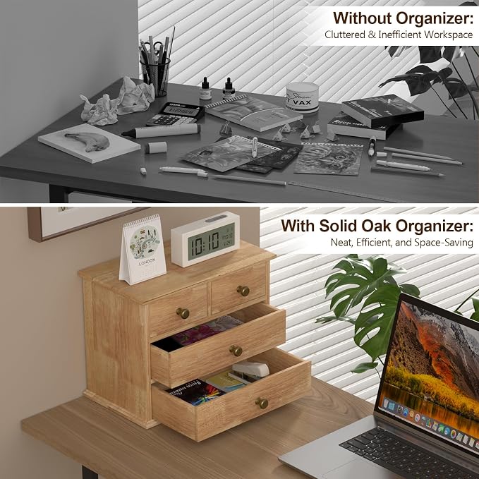 Oak Desk Organizer with Drawers, Durable Wooden Desktop Storage Box | 4 Drawer Tabletop Organizer with Metal Handle & Non-Slip Pad for Office, Bedroom, Bathroom, Vanity, Makeup, Light Burnt Brown