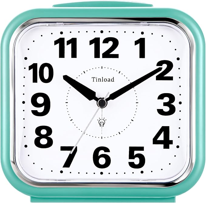 Tinload 5.5" Large No Ticking Analog Alarm Clock,Silent Readable for Seniors,Easy to Set,Gradual Rise Alarm,Big Numbers,Gentle Wake,Snooze, Lighted on Demand,Battery Operated,Green