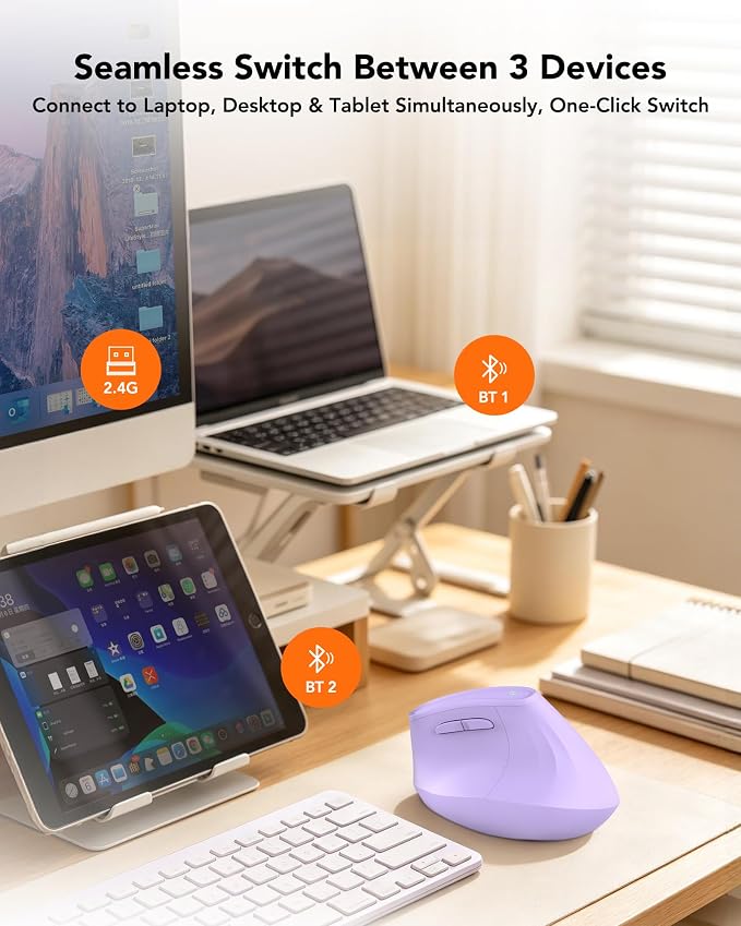 KYSONA Ergonomic Mouse Wireless, Bluetooth Vertical Mouse, 5-Level Adjustable DPI, 2.4G Silent Switch Mice for Windows, MacOS, IPadOS, Laptop, PC, Purple