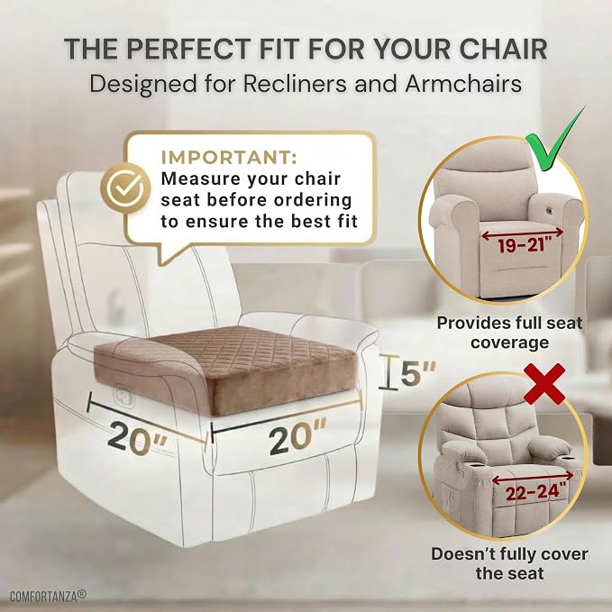 Soft 20x20x5 Memory Foam Recliner Chair Seat Cushion for Long Sitting - Armchair Pad with Washable Velvety Cover & Non-Slip Base for Seniors & Elderly - Brown