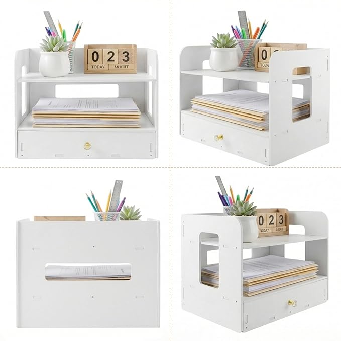 Desk Organizer, 2-Tier File Organizer for Desk with Drawer, Letter Tray Paper, Desktop Document Sorter for Letter, File Folder Holder for Office, Home or School- White MLT002W2