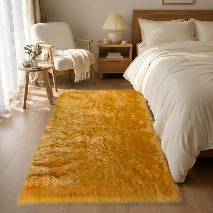 EasyJoy Faux Sheepskin Rug, Fluffy Faux Fur Rug, Ultra Soft Shag Area Rug with Non-Slip Backing for Bedroom, Living Room, Nursery, Kids Room(4 x 6 ft Rectangle, Golden Yellow)