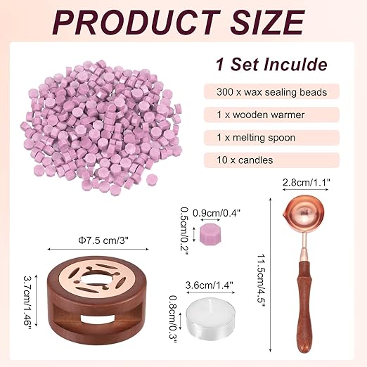 PATIKIL Wax Seal Kit, 300 Pcs Wax Sealing Beads, Wooden Warmer, Melted Spoon, 10 Pcs Tealight Candles for Envelope Letter Mailing Crafts DIY, Pink