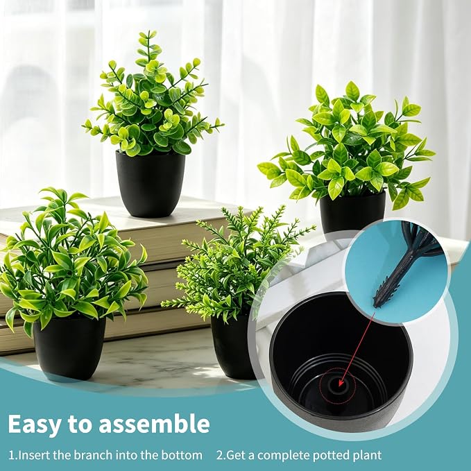 4 Pack Mini Fake Plants Artificial Potted Plants for Home Office Bathroom Shelf Desk Decor, Small Faux Greenery with Black Pots, Assorted Faux Grass & Leaf Plants for Indoor Aesthetic Decoration