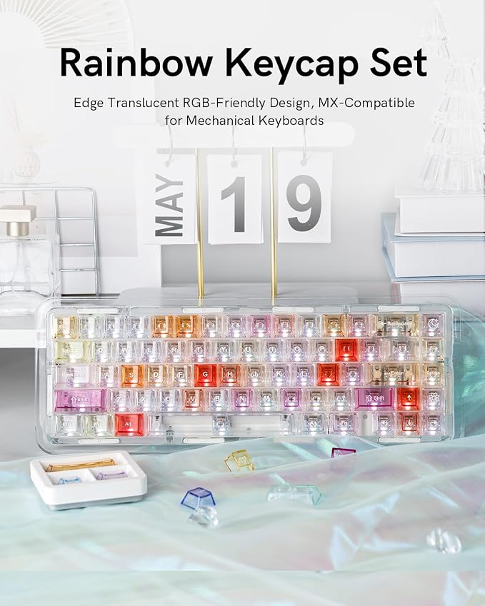 Keymatic Cherry Profile PC Transparent Keycaps, 123 Keys Dye-Sublimation Custom Keyboard Keycaps Shine Through Cute Rainbow Key Cap Set for Cherry MX Swithes Mechanical Keyboard(Only Keycap Set)
