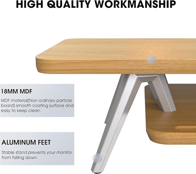 Fenge Dual Monitor Stand Riser, Wooden Desk Shelf with 2-Tier Storage | 47.3-Inch Extra Wide, Sturdy Aluminum Legs, Built-In Phone & Tablet Slot, Desktop Organizer for Office Accessories