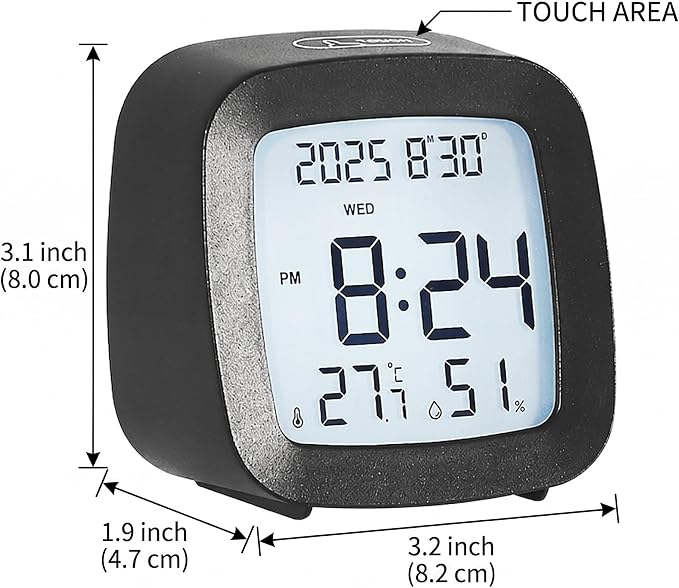 Digital Alarm Clock with Backlight, Snooze, Temp & Humidity Display,Black | Time, Date & Weekday Temperature & Humidity Touch Backlight 5-Minute Snooze,Battery Operation Long Battery Life