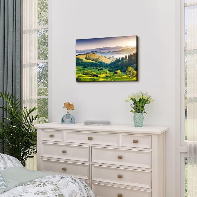 Green Misty Forest Wall Art Spring Mountain Landscape Wall Decor Large Nature Scenery Canvas Picture Painting Modern Framed Artwork for Bedroom Living Room Bathroom Office Home Decoration 16 x 24 Inch