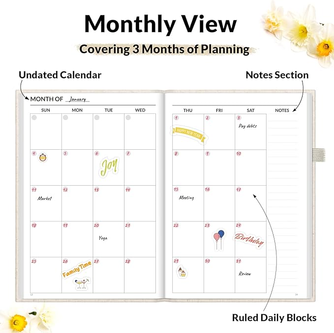 SUNEE Adhd Daily Planner for Adults,3-Month Undated Daily Weekly Monthly Planner for Productivity, Goal Setting, Time Management, Work & Life - for Men & Women,Vision Board + Stickers,Beige