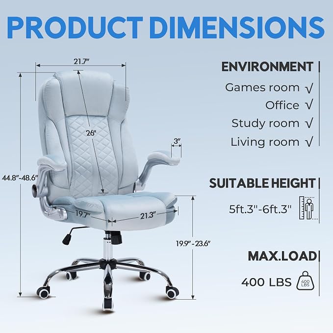 400lbs Executive Office Chair with Flip-Up Armrests, Big and Tall Computer Chair for Heavy People, Heavy Duty Ergonomic Comfy Chair, Breathable Plush Velvet (Blue)