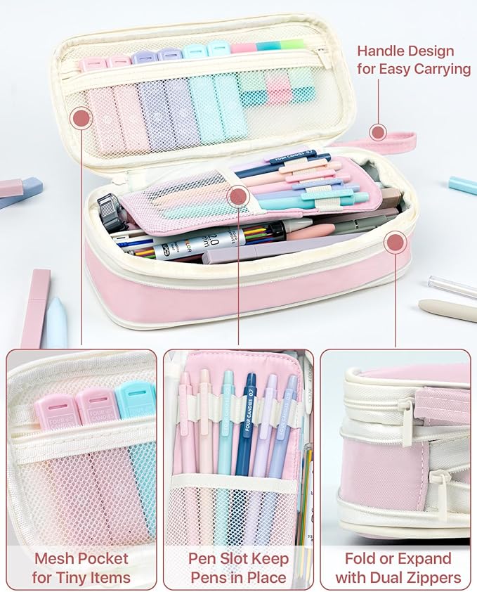 Four Candies 56 PCS Stationery Set, Cute Storage Case with Supplies, 6 Multicolor Pens, 12 Pastel Highlighters, 5 Gel Pens Black Ink, 9 Mechanical Pencils for College Essentials Stuff (Pink)