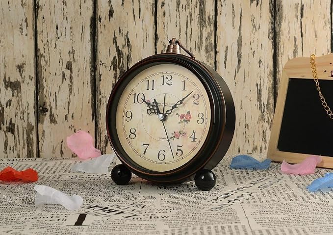 Vintage Analog Alarm Clock, Flower, 5.25 inch Small Silent | Desk Clock, Night Light, Battery Operated, For Table, Bedroom, Bedside, Living Room